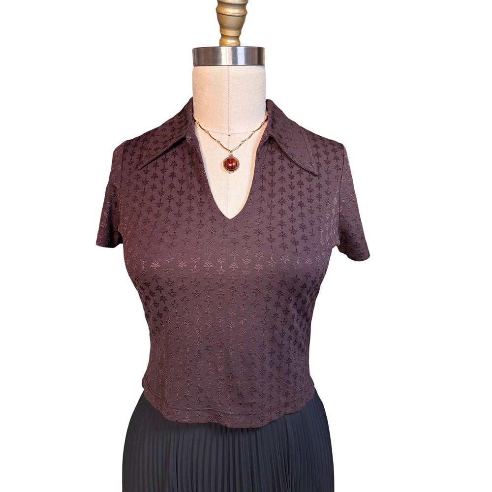 Vintage Fleur-De-Lis Textured Knit Rampage Polo Top Size M Brown